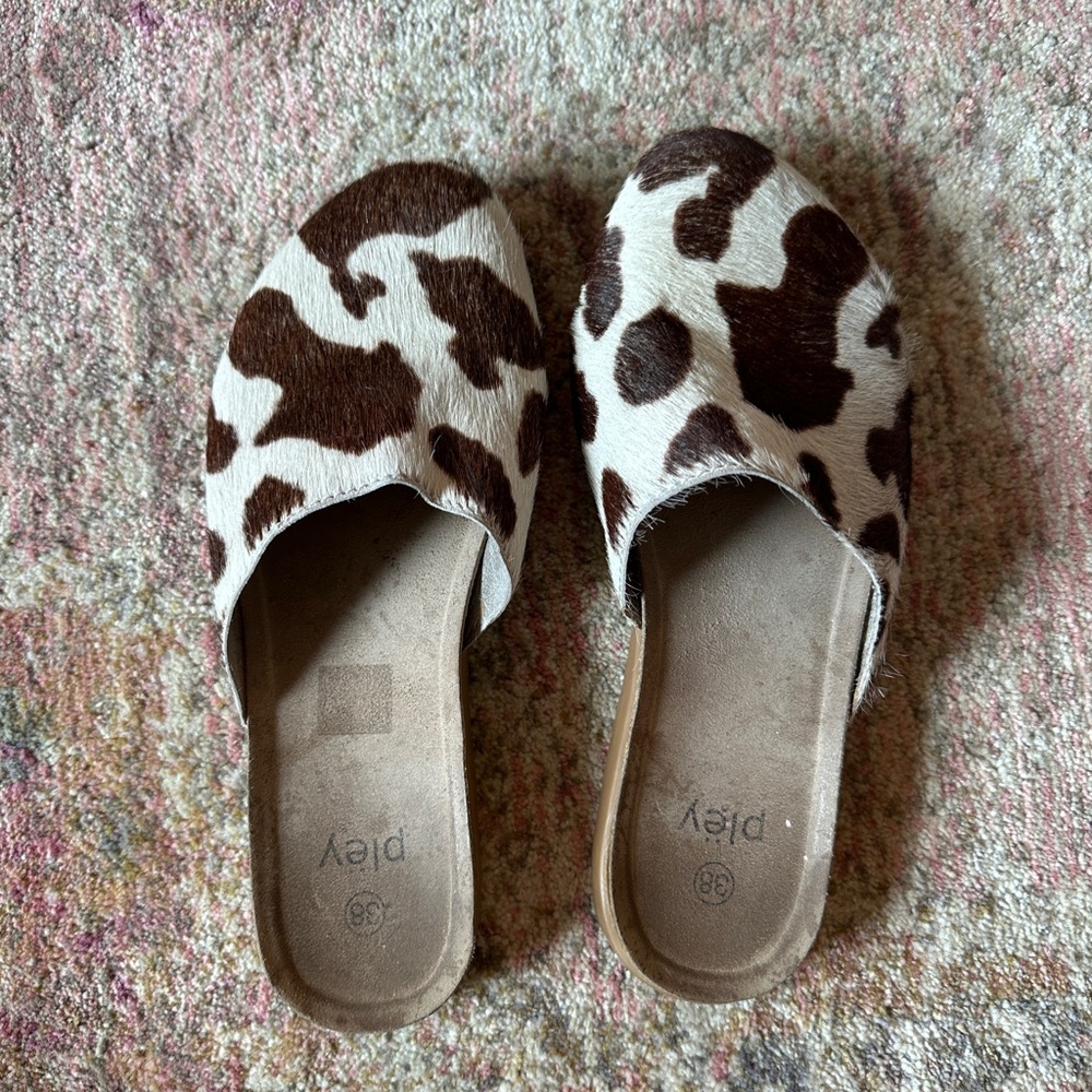 Brown and White Cow Print Mules